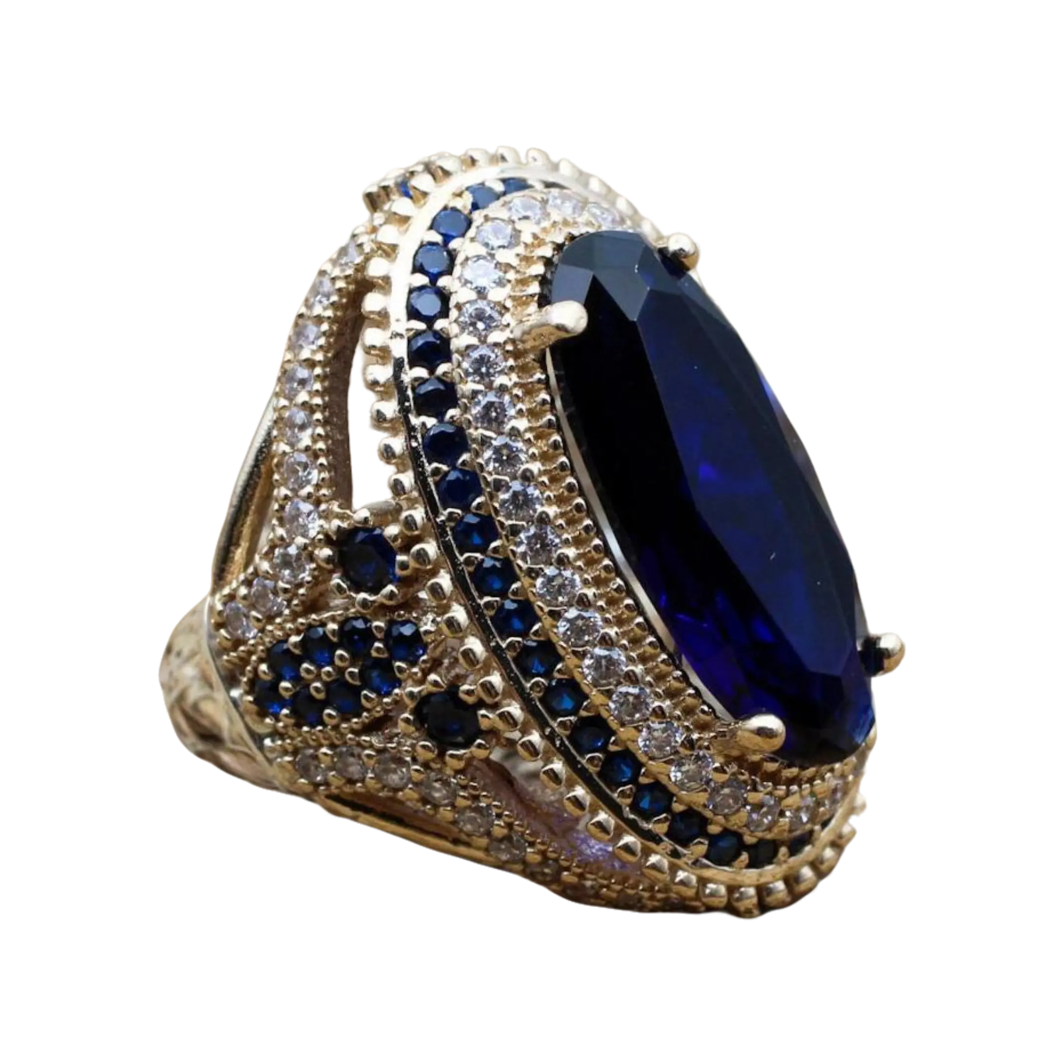 Vintage-inspired elegant handcrafted women’s rings, 18K gold-plated cocktail rings featuring large oval synthetic sapphires, luxury women’s rings, and eye-catching luxury jewelry perfect for parties and special occasions