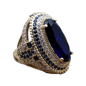 Vintage-inspired elegant handcrafted women’s rings, 18K gold-plated cocktail rings featuring large oval synthetic sapphires, luxury women’s rings, and eye-catching luxury jewelry perfect for parties and special occasions
