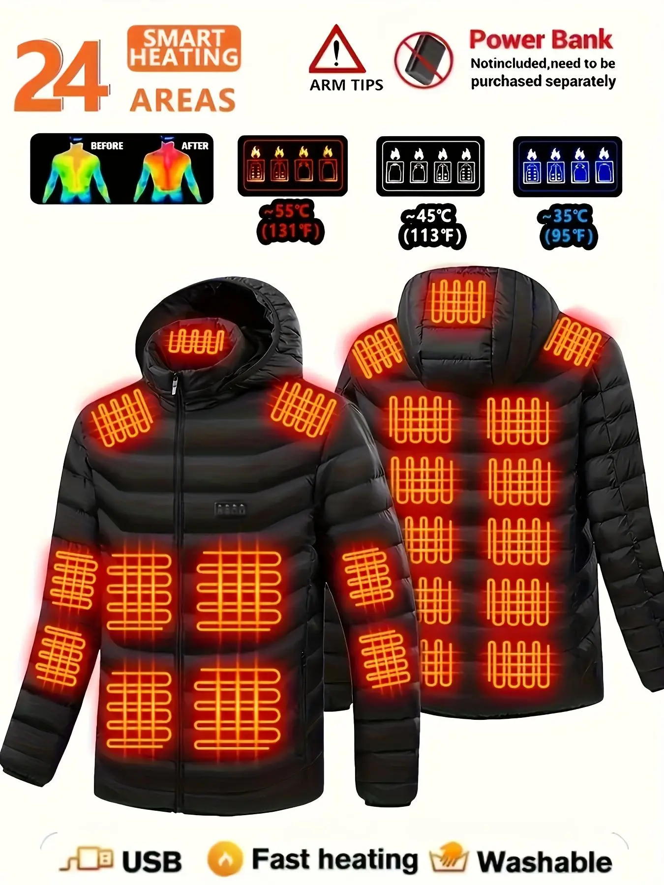 Men's heated jacket, couple style, 24-zone heating, perfect for outdoor camping and daily casual outings, windproof jacket, popular in cold regions