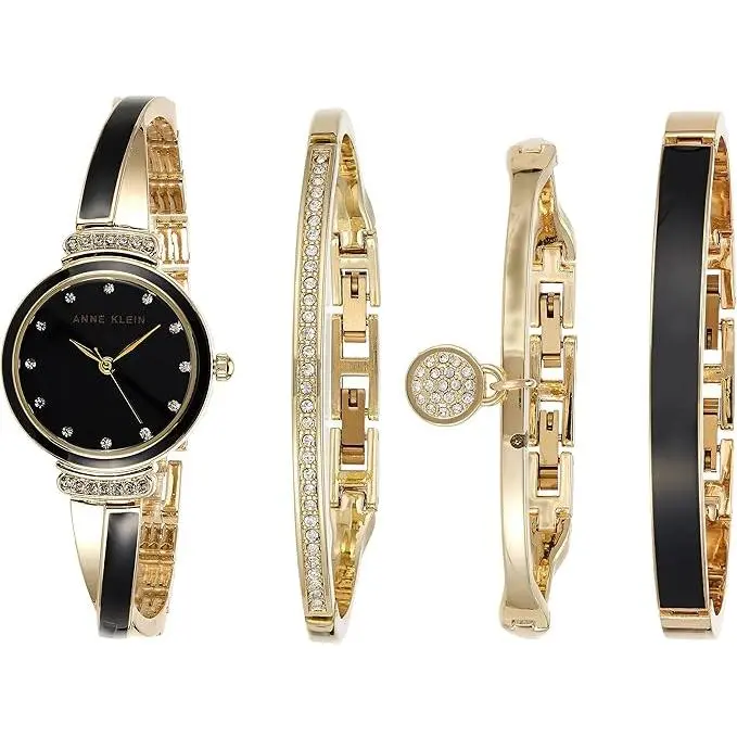 Anne Klein Gold-Tone Black Dial X-Shaped Bangle Set Ladies Watch AK/2716BKST Anne Klein Gold-Tone Black Dial X-Shaped Bangle Set Ladies Watch AK/2716BKST
