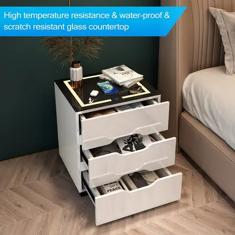 Modern 3-Drawer High Gloss Bedside Table - Polished Multi-Drawer Indoor Furniture with Wireless Charging Station, Adjustable LED Lights, USB Charging Port, Modern Side Table for Bedroom Use, Gloss Bedside Tables