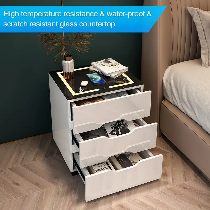 Modern 3-Drawer High Gloss Bedside Table - Polished Multi-Drawer Indoor Furniture with Wireless Charging Station, Adjustable LED Lights, USB Charging Port, Modern Side Table for Bedroom Use, Gloss Bedside Tables