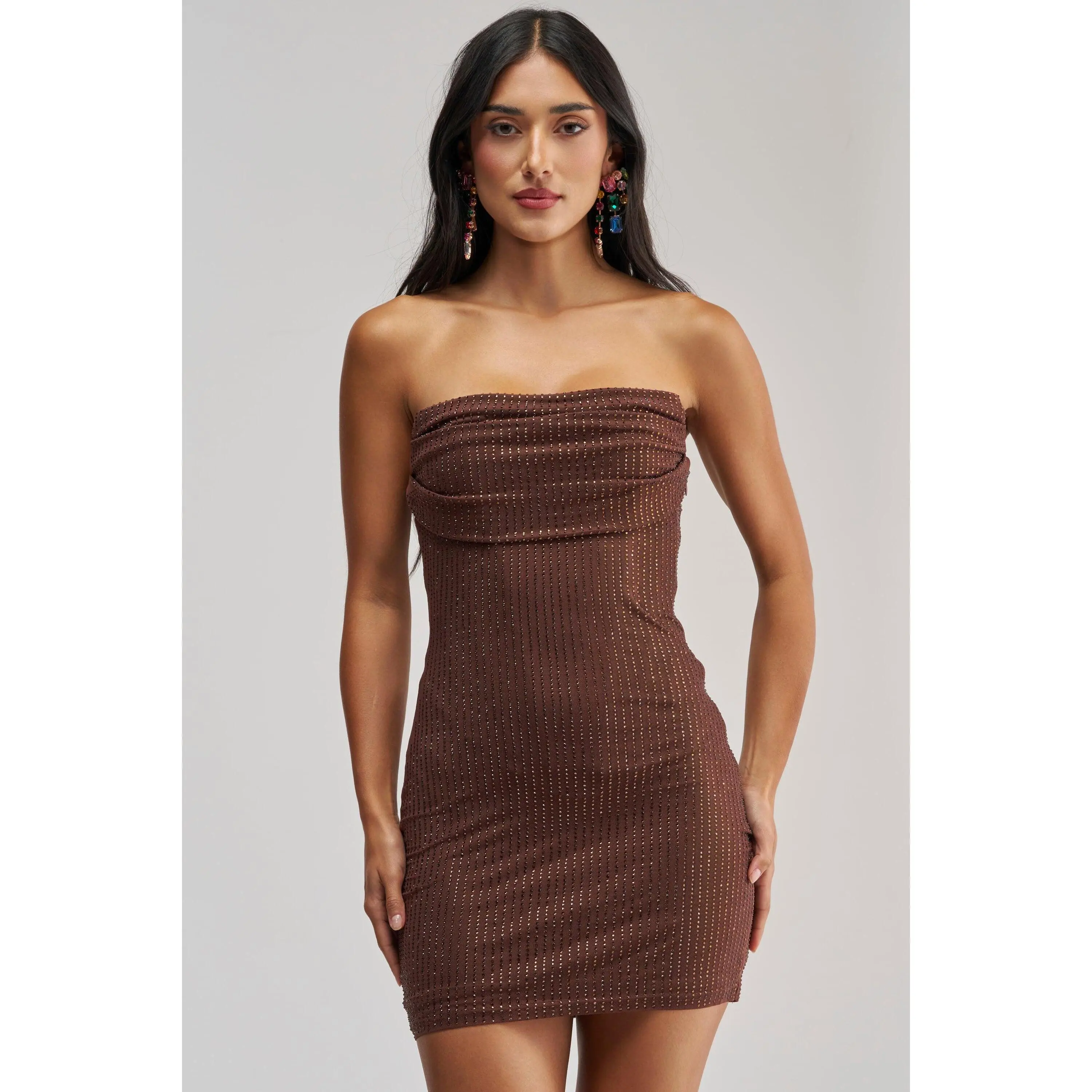 FULL GLAM RHINESTONE MINI DRESS IN BROWN