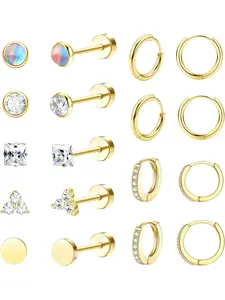 Classic 9 Pairs Golden Shining Stud Hoop Earrings Multiple Piercing Small Huggie Hoop Stainless Steel Earrings for Women Men Flat Back Stud Earrings Tiny Ball CZ Cartilage Helix Earrings