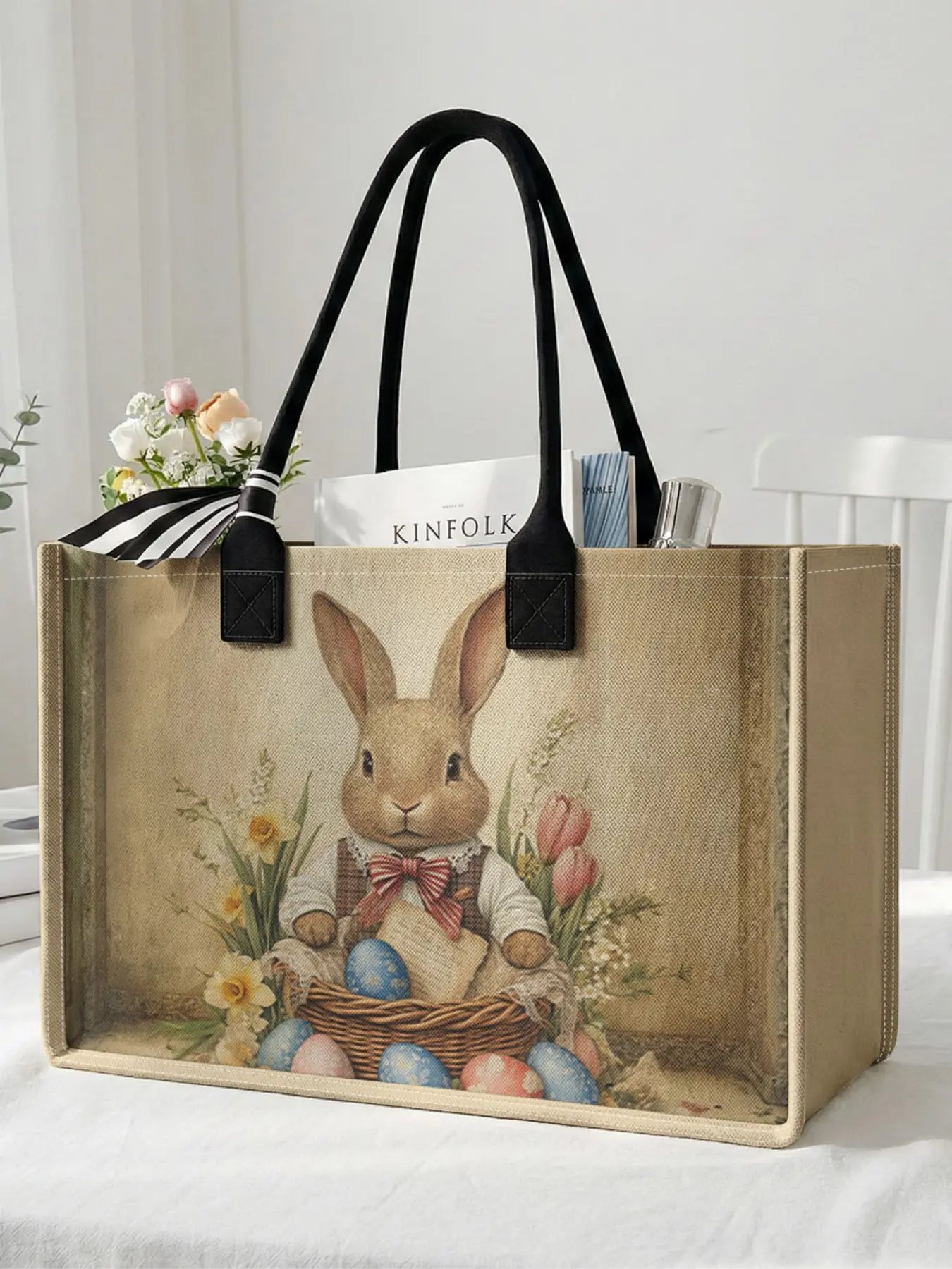 1 piece of Easter rabbit pattern 2D printed large capacity storage bag, extra large storage bag, sturdy handle, Durable Shopping Totes, space-saving multi-purpose, suitable for use at school, business trips, shopping
