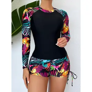 Swim Summer Beach Tropical Printed Long Sleeve Tankini Swimsuit Set
