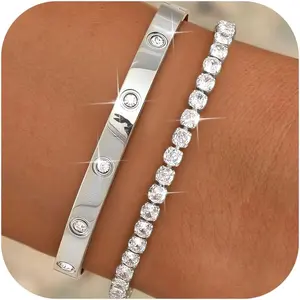 CASSIECA Gold Bracelet for Women 14K Gold Plated Stacking Bangle Tennis Bracelet Set Stainless Steel Adjustable Cubic Zirconia Tennis Bracelets Dainty Bangle Waterproof Jewellery Gifts for Women