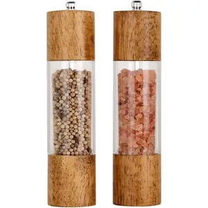 Premium Acrylic Salt and Pepper Grinder Set Manual Salt and Pepper Mills Wooden Shakers with Adjustable Ceramic Core 8 Inches Pack of 2