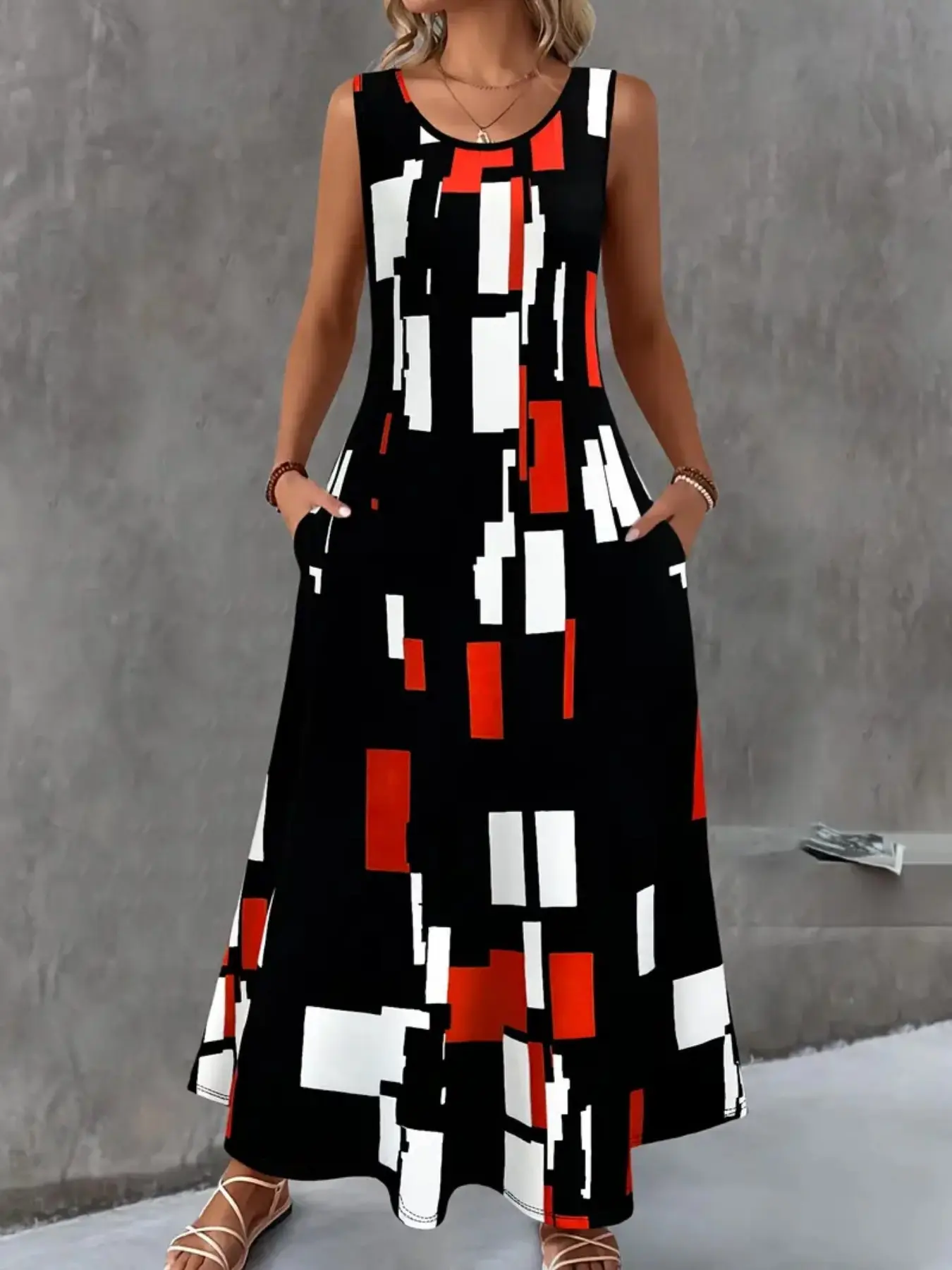 Women's Plus Size Geometric Plaid Casual Sleeveless Dress, Womenswear, Summer Style, Fashionable Comfort Pocket Design, Breathable, Perfect for Daily Wear