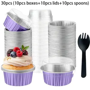 30 Piece Aluminum Foil Baking Cups Set, Bakeware, Food Grade, Oven Safe, Transparent Lids, Spoons Included, Perfect for Cakes, Pudding, Mousse
