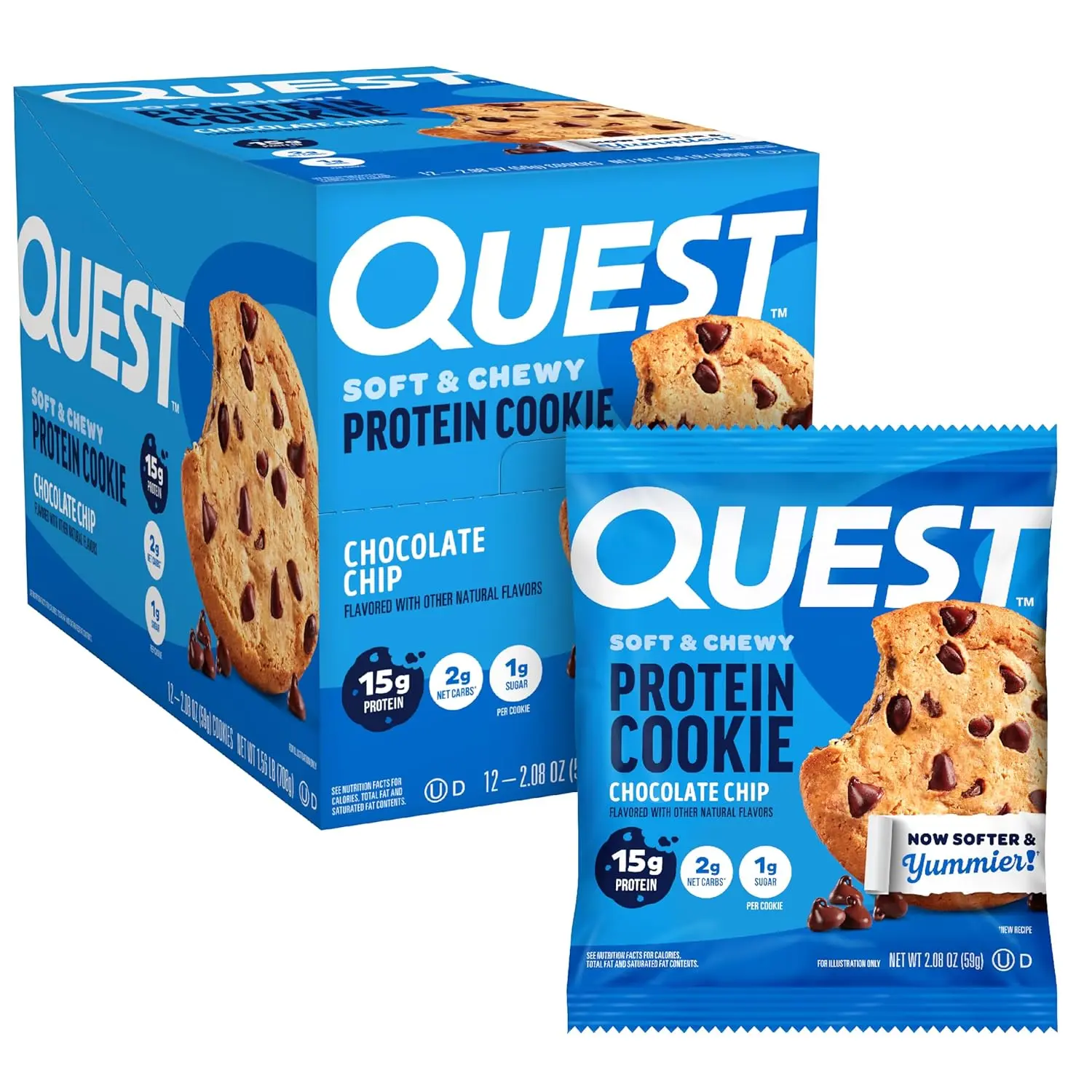 Quest Nutrition Chocolate Chip Protein Cookie, 15g Protein, 1g Sugar, 2g Net Carbs, Keto Friendly, High Protein, Low Carb; 12 Count Snack