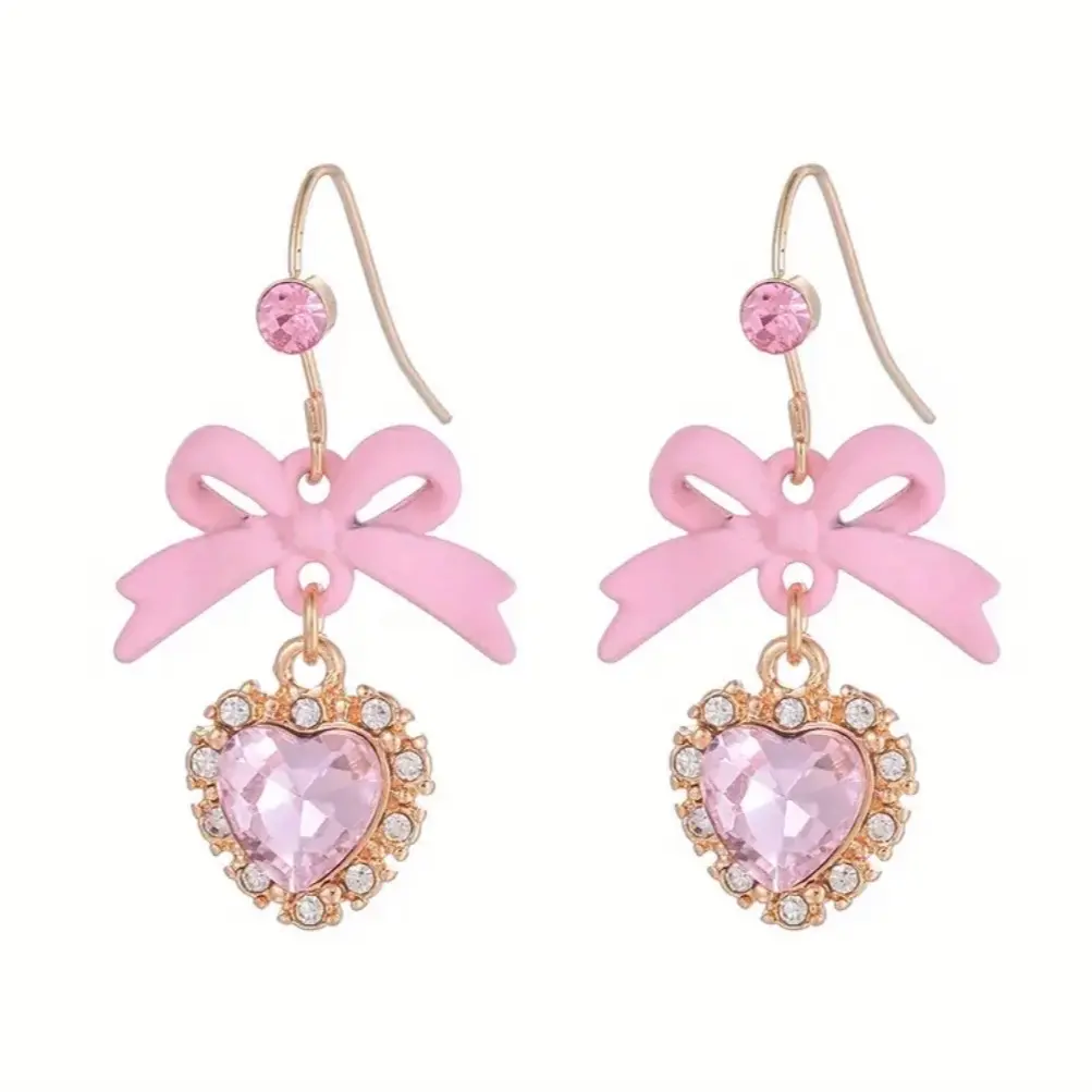 Pink Bow & Heart Charm Earrings - Barbiecore Glam Statement Jewelry