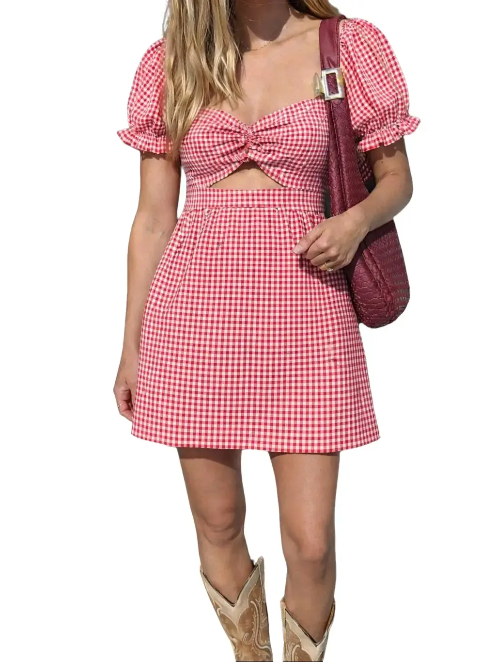 Women's summer dresses for 2026 Gingham A-Line Short Ruffled Mini Dress - Puff Sleeves sundress , Hollow Out women dresses for summer, Classy Detailed Checked Casual Dresses for Spring Summer Daily & Vacation, Classy Casual Dresses backtoschoolshopping