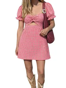 Rosegalette women's dresses Gingham Ruffled Sleeve summer dresses for women Ruched Hollow Out Dress - A-Line sundress  mini dress  for Spring Summer Daily & vacation dresses ,ruched puff dress secschools dress Casual Elegant vestidos de mujer