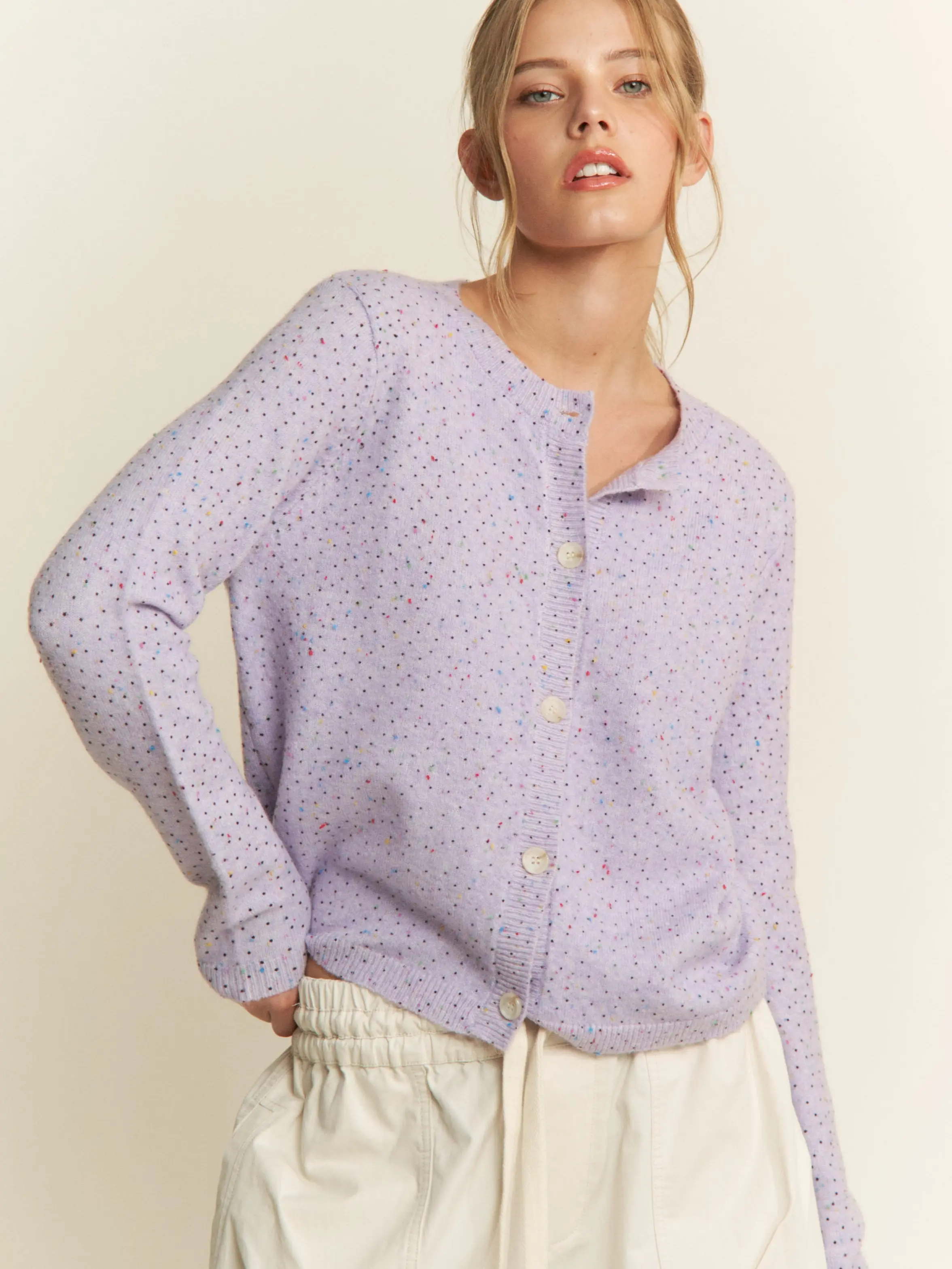 CANDESCENT - Belle Cardigan -  Lilac Polka Dot Long Sleeve Button Front Top for Women Casual Womenswear