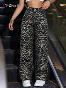 Women's Trendy Leopard Print Denim Jeans, Pants, Loose Fit Wide Leg Comfortable Casual Wear, Streetwear, Fashionable Long Trousers for All Seasons Womenswear