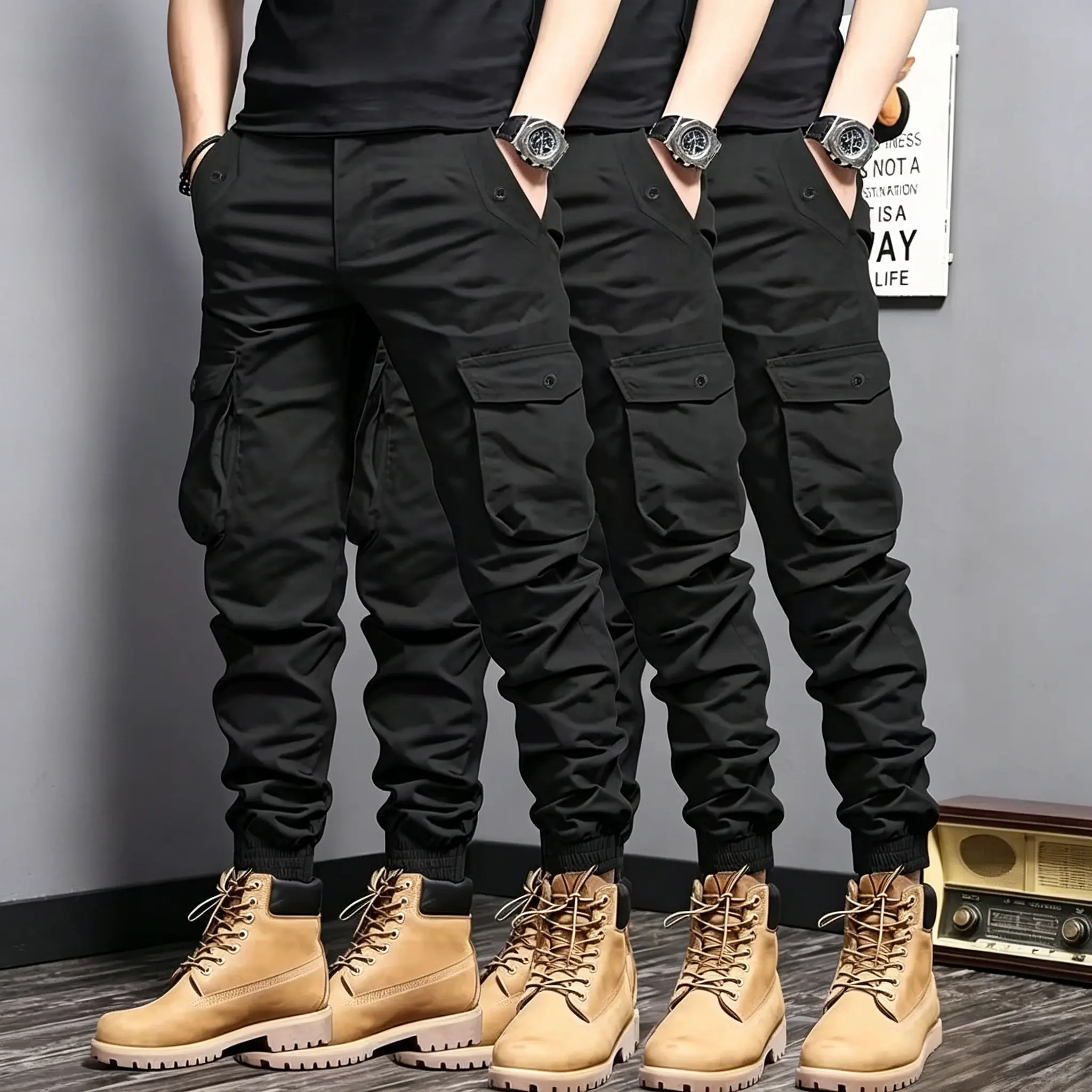 Men's Fitted Cut Plain Cargo Style Jogger Pants - Outdoor Button-Accented Casual Bottoms with Multiple Pockets for Streetwear Outfits