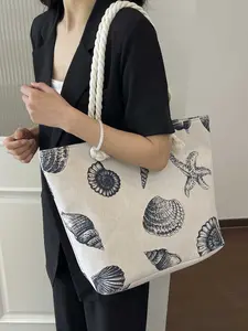 Large Capacity Cute Canvas Bag, Simple Shoulder Crossbody Print Backpack, Shell and Starfish Pattern, Ideal for Daily Use, Travel, School, Canvas Shoulder Bags, Crossbody Handbag