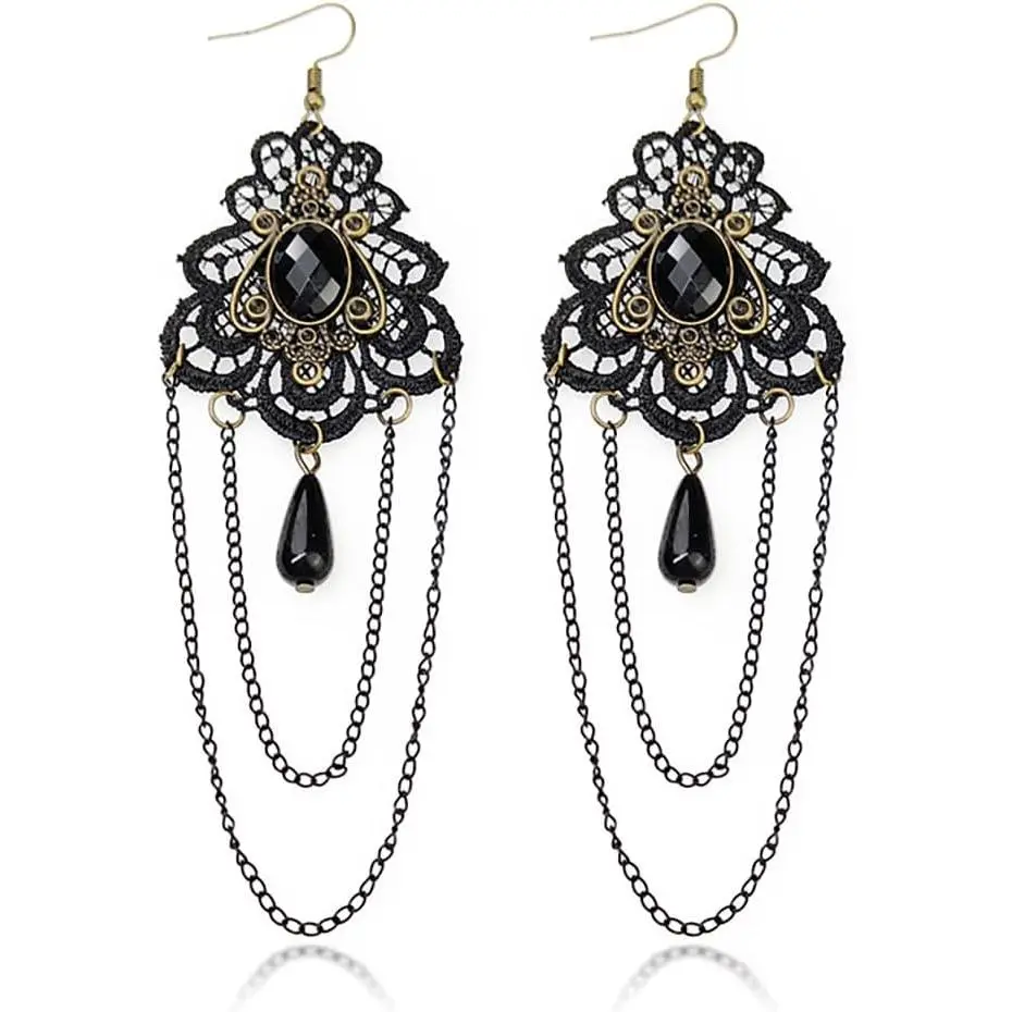 Gothic Long Tassel Crystal Earrings Vintage Lace Tassel Earrings Punk Dark Style Black Crystal Gemstones Dangle Drop Earrings Victoria Earrings Goth Earrings Christmas Birthday Party Halloween Earrings Jewelry for Women