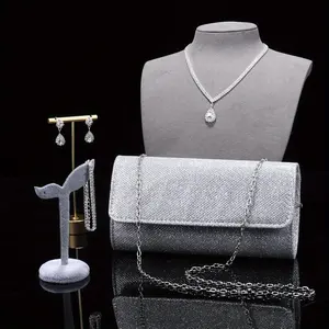 Christmas Gift 4PCS Women’s Silver Clutch Purse Jewelry Set Rhinestone Teardrop Necklace Earrings Bracelets Perfect Bridal Wedding Accessories Elegant Evening Party Silver Accessories