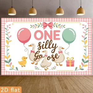 2D Flat, [party Backdrop] 2D Flat Banner, 1pc Pink Checkered Goose Duck Balloon Gift One Silly Goose Decor Polyester Backdrop, for Party Decor Farm, Garden, Home, Room, Club, No Electricity, This Is an Exce