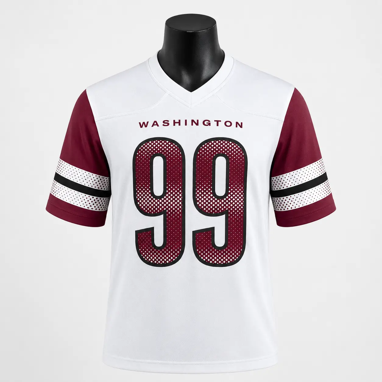 Men’s Burgundy White No. 99 American Football Jersey, V-Neck Short Sleeve Sports Shirt