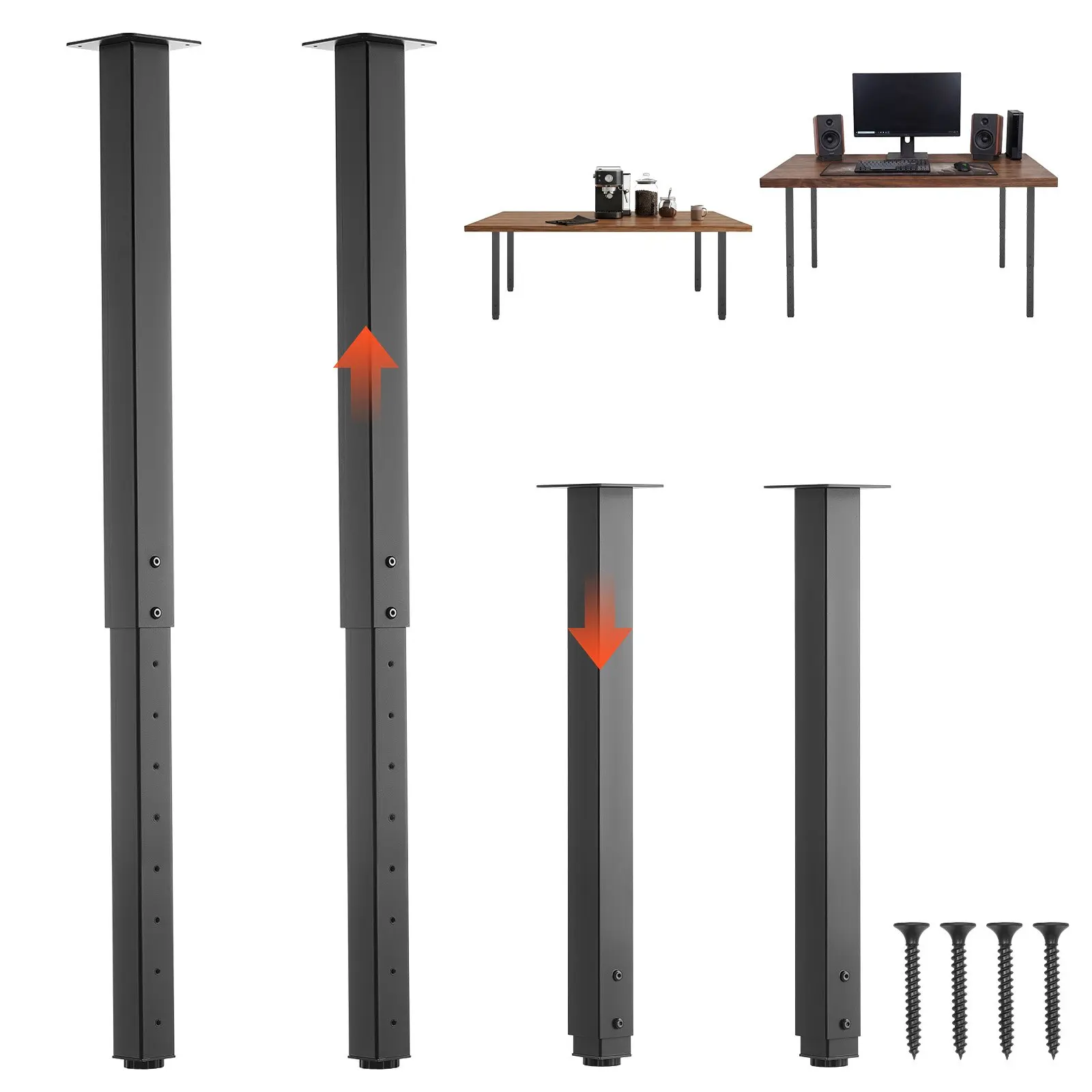 4 PCS Black Adjustable Square Steel Furniture Legs, 24-40 in, 1200 lbs Max Load Heavy Duty, Quick Installation, Ideal for Home Office Desk, Workbenches