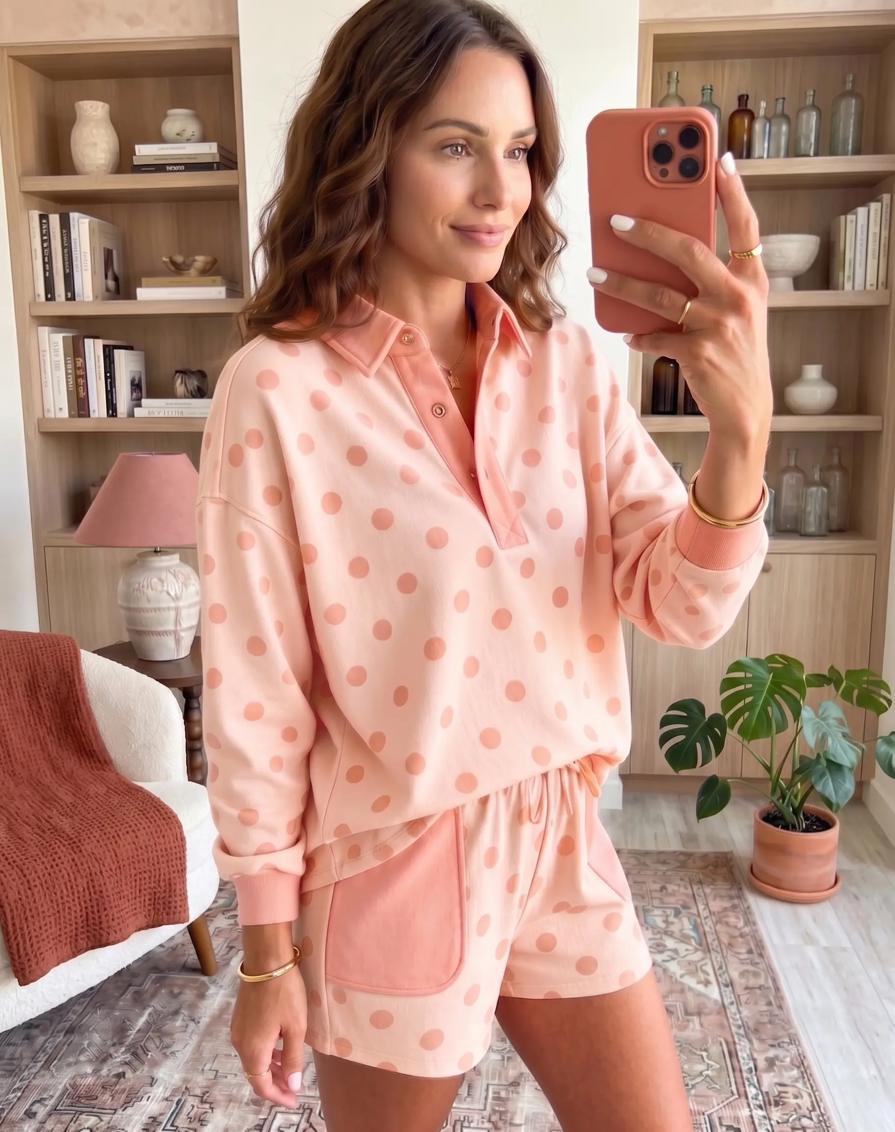 Women's Polka Dot 2-Piece Loungewear Set Long Sleeve Polo Top & Shorts with Pockets Pajamas