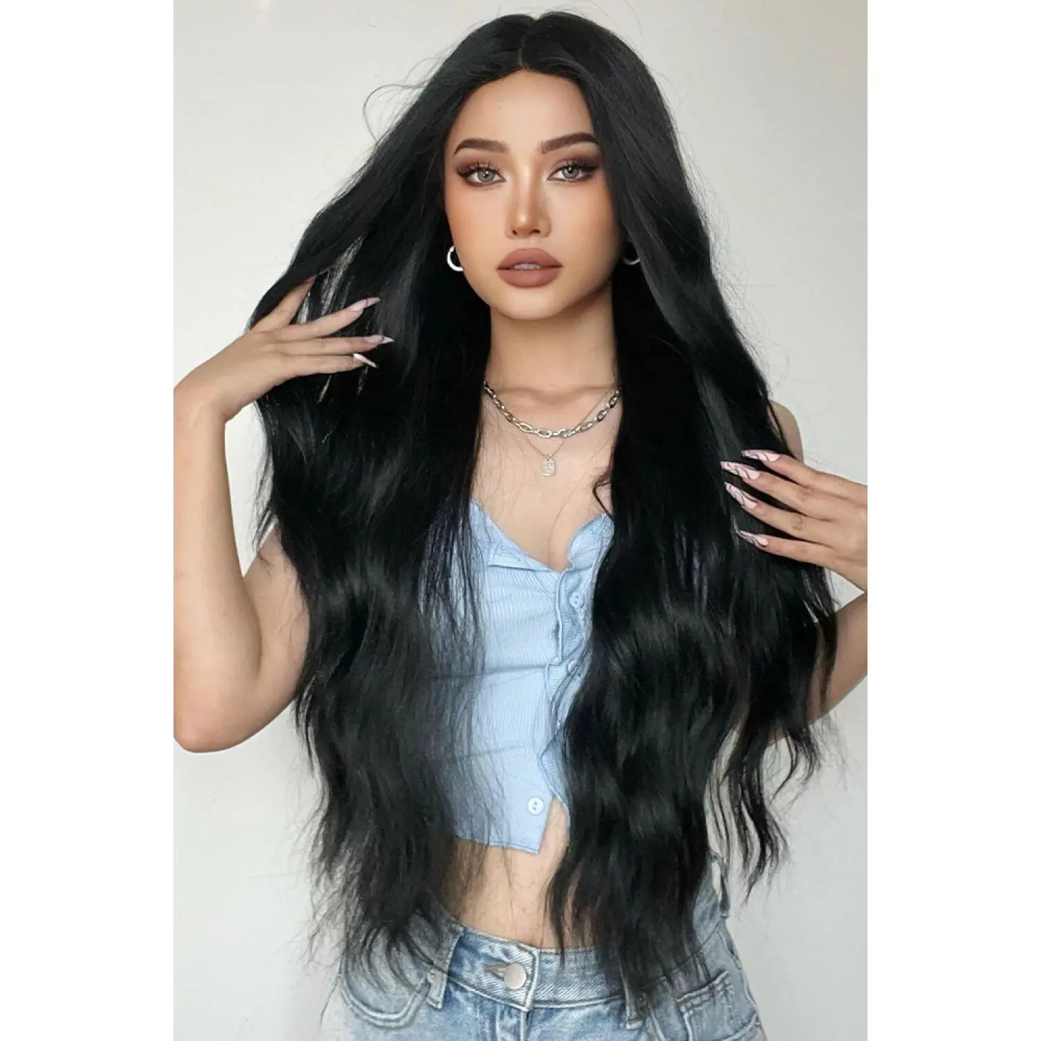 Full Machine Long Wave Synthetic Wigs 28''
