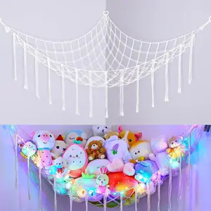 Stuffed Animals Net or Hammock with LED Light, Hanging Stuffed Animals Storage Hammock Net Corner Wall Girls Room Decor  Storage Organizer (White)