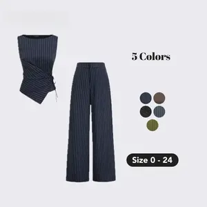 2-Piece Pinstripe Set| Wrap Tie Waist Vest Top & Wide Leg Trousers| Chic Office to Weekend Outfit