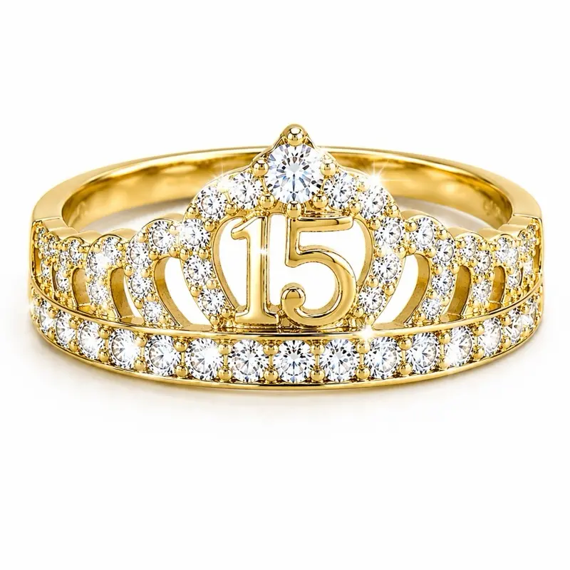 Female Elegant Casual Sweet 15 Princess Ring - Gold-Tone Cubic Zirconia Crown Ring, Style 8932