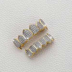 Halloween 8 Teeth Golden Plated Iced-out Tooth Grillz For Mouth Top Bottom Hip Hop Teeth Braces Rapper Costume Teeth Jewelry  Accessories