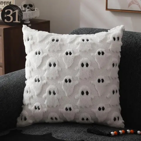 1pc Cute Ghost Halloween Throw Pillow Cozy White Fuzzy Plush Cushion Cover Spooky Season Home Decor Autumn Fall Tufted Decorative Pillows for Sofa Couch Bed Room Aesthetic TikTok Trendy Cute Ghost Decor Gift 18x18 inch