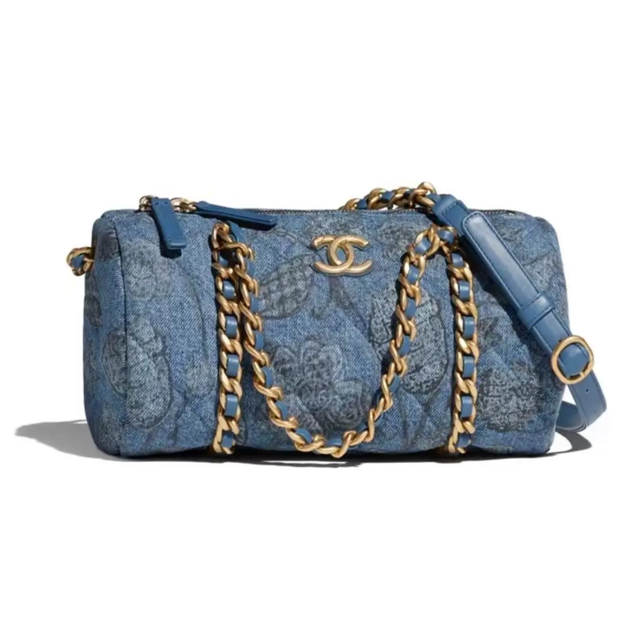 Pre-owned CHANEL Blue Denim Camellia Bowling Cylinder Bag, Chip Model 2603405