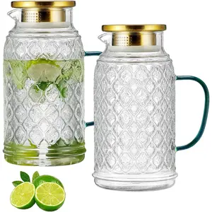 Glass Pitcher with Lid, 2 PACK 68 oz/2 Liter Vintage Water Pitcher, Clear Borosilicate Glass Water Carafe for Cold Brew, Coffee, Lemonade, Iced Sun Tea,Beverage, Milk, Heat Resistant