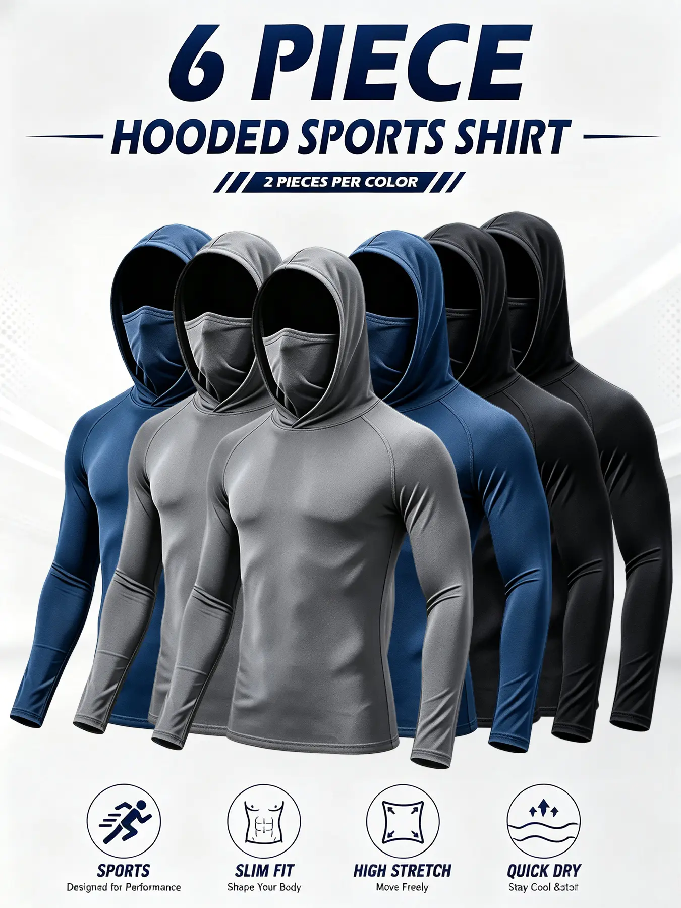 6/3 Pack Men's Sun Protection Long Sleeve Hooded Shirts, 4-Way Stretch Quick Dry Compression Work Shirt with Built-in Face Mask & Neck Gaiter, UV Protection for Fishing Cycling Gardening Outdoor Work Neck Guard Hiking