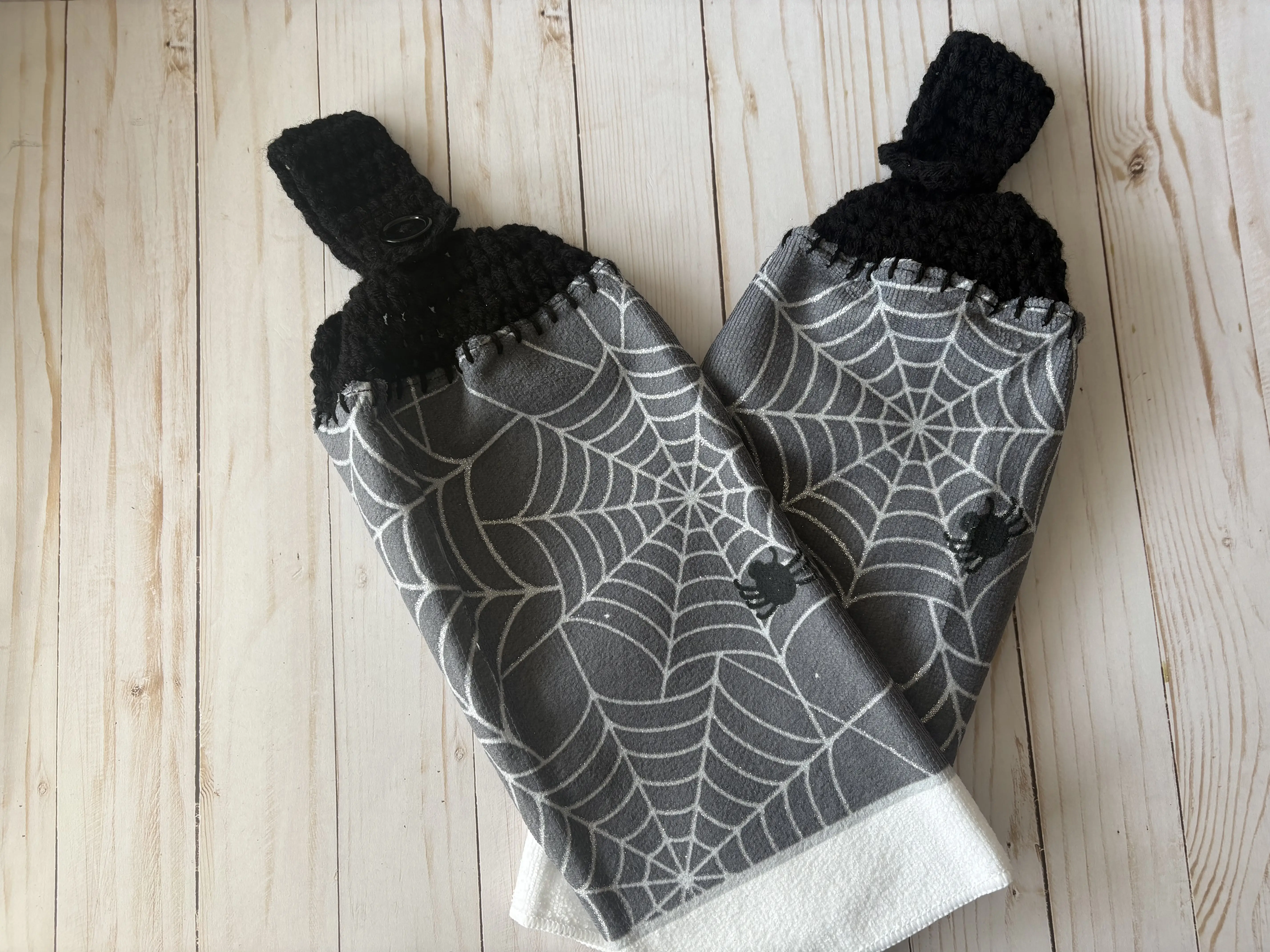 Halloween Crochet Top Kitchen Towels Set of 2 White Terry Cloth with Spider Web Glitter Print for Fall Decor