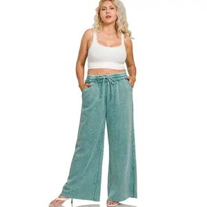 Zenana Plus Acid Wash Fleece Palazzo Sweatpants with Pockets