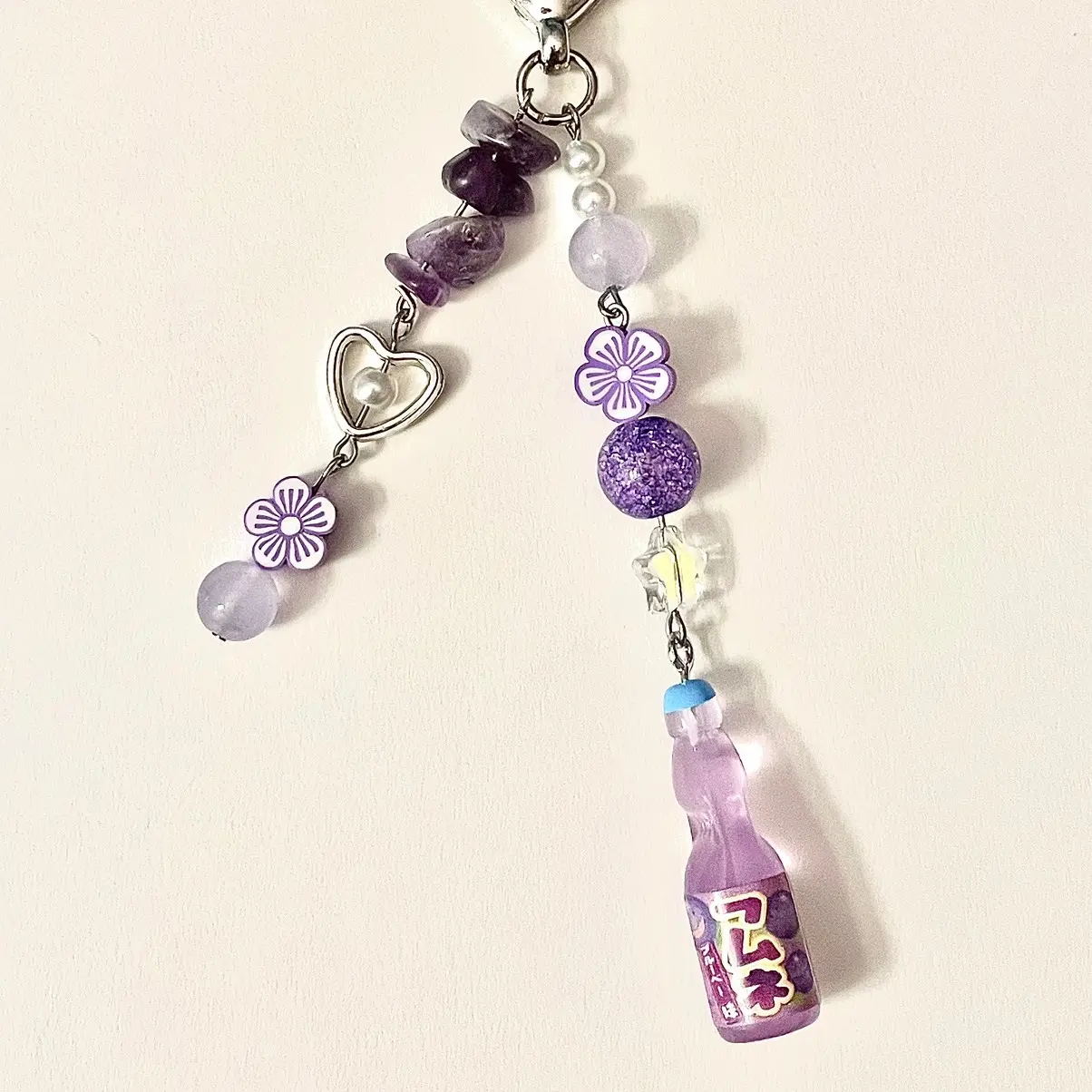 Purple soda bottle beaded keychain