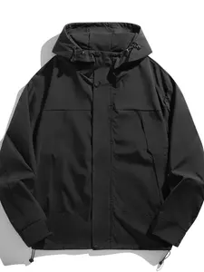 Men's Solid Color Zip Up Drawstring Hooded Jacket, Regular Fit Casual Long Sleeve Outerwear for Spring & Fall, Men's Clothes for Daily Wear