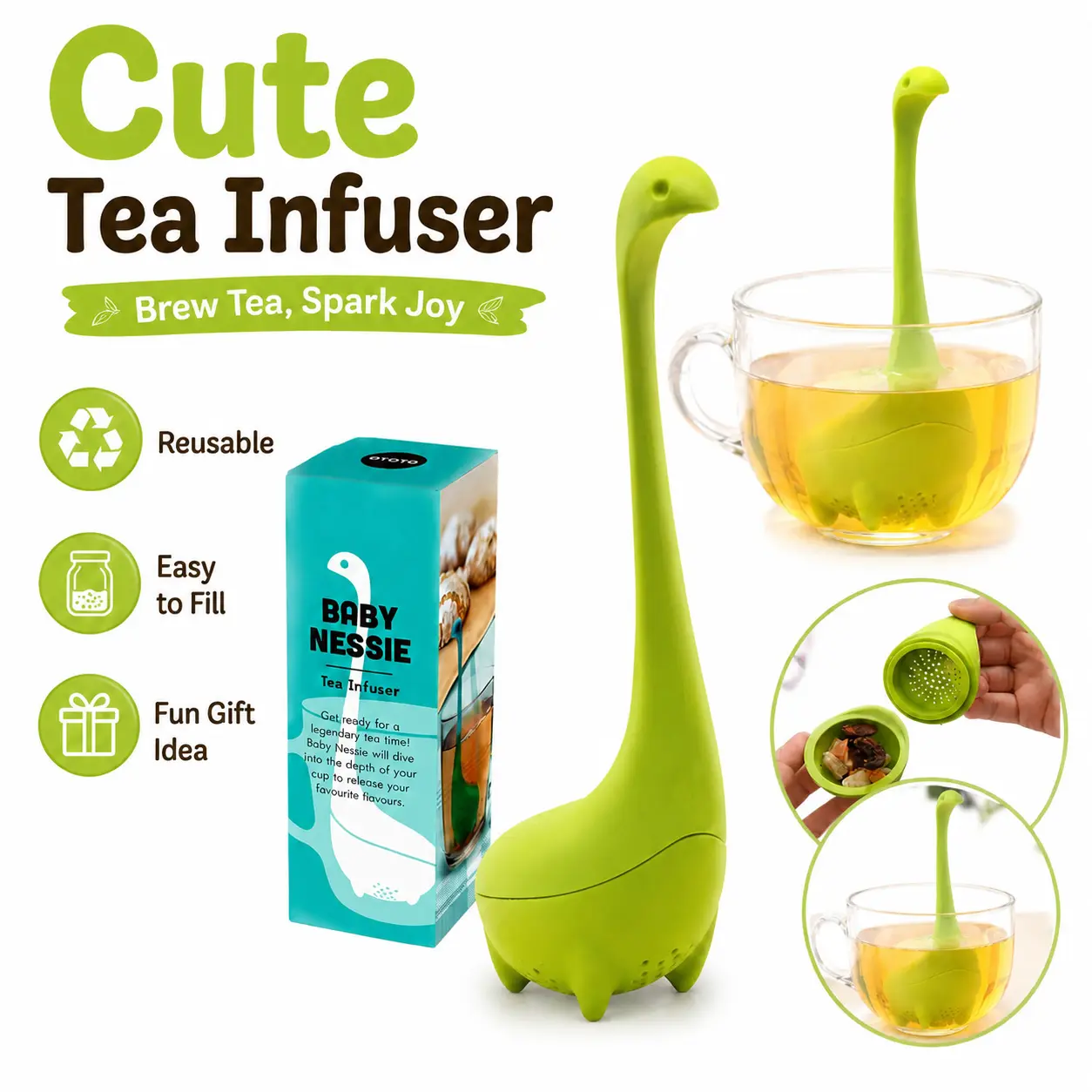 Cute Dinosaur Silicone Tea Infuser - Reusable Loose Leaf Strainer, Easy-to-Fill, Easy-to-Clean Filter for Cups/Mugs, Fun Party Gift for Tea Lovers (Home & Party Supplies)