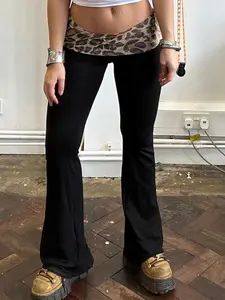 Women's Leopard Patchwork Print Flare Leg Pants, Casual Comfy Drop Waist Bell Bottom Trousers for Daily Wear, Women's Fall & Winter Bottoms, Womenswear