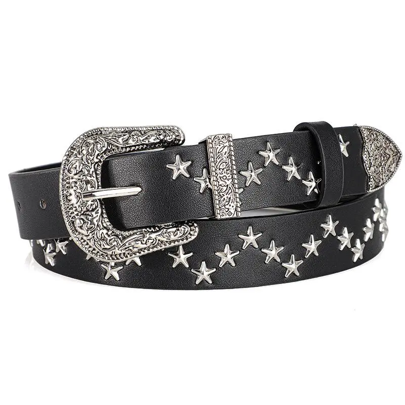 Men's and Women's Belt Trend Pentagram Rivet Punk Style, Vintage Carved Buckle PU Leather Belts，Subculture Rock Hip-Hop Y2k Belt