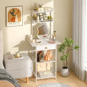 Small Vanity Desk Without Mirror, Makeup Vanity Table for Small Space, Compact White Dressing Table with Fabric Drawers, Makeup Vanity with Storage for Bedroom, White, 23.6in（W）