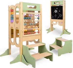 6 in 1 Foldable Toddler Tower with 2-Step Stool Kitchen Standing Stool, 3 Adjustable Heights, Chalk-Whiteboard & Learning Activity Games