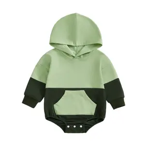 Unisex Newborn Baby Stuff Cotton Blend Hooded Romper - Long Sleeve, Front Pocket, Patchwork, Cute Fall Bodysuit with Hooded Look
