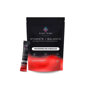 Pure Tribe Hydrate + Balance Watermelon Hibiscus Electrolyte Mix with Adaptogen Blend 0g Sugar Gluten Free Dairy Free 30 Servings