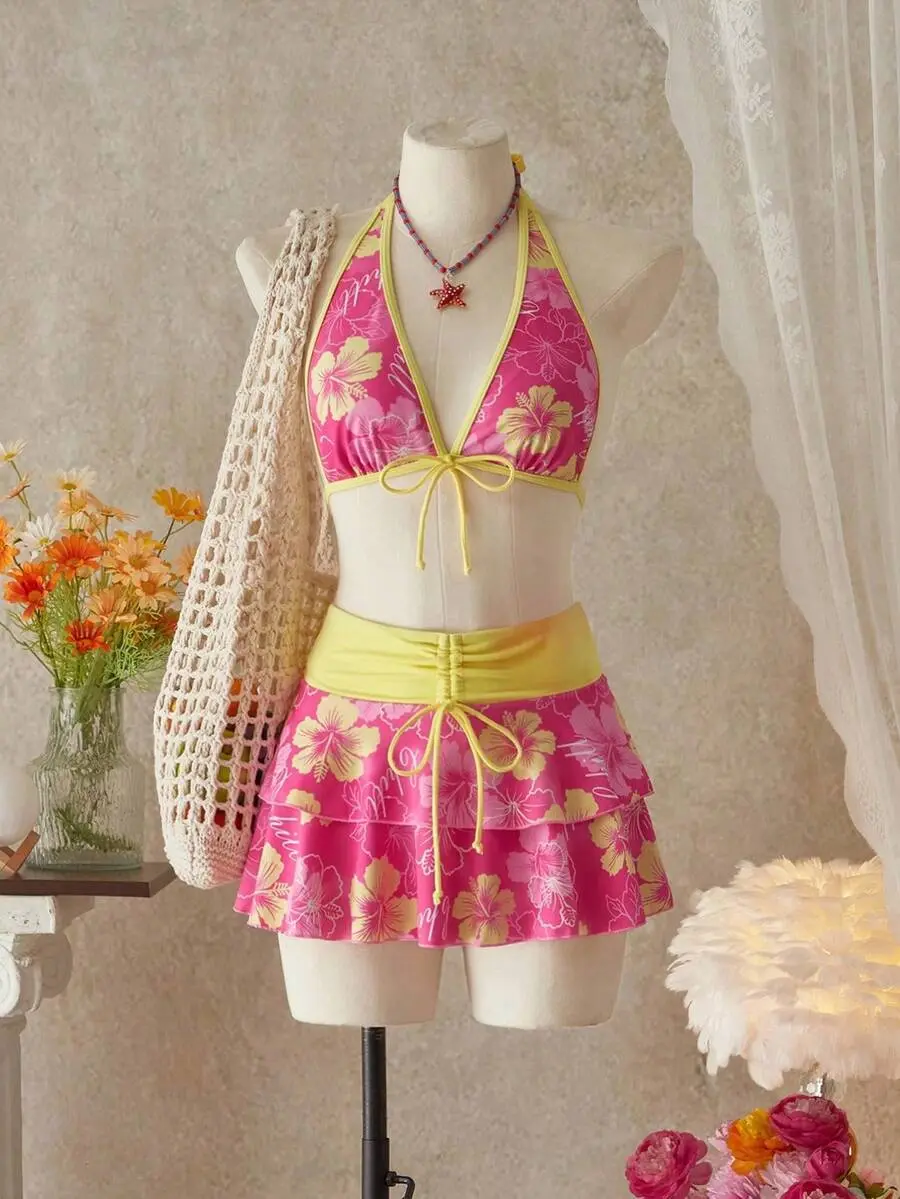 Women's Summer Beach Holiday Pool Party Holiday Flower Pattern Skirt Halter Casual Boho Style Bikini 3-Piece Set Red Floral