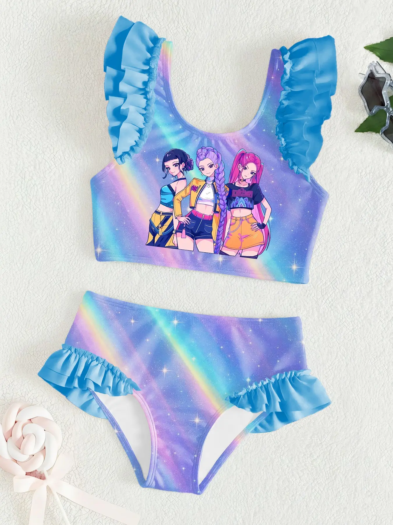 Girls' Two-Piece Bikini Set, Cartoon Print Swimsuit, Summer Beach Vacation Swimwear, Cute Ruffle Bathing Suit, Swimsuit Sets